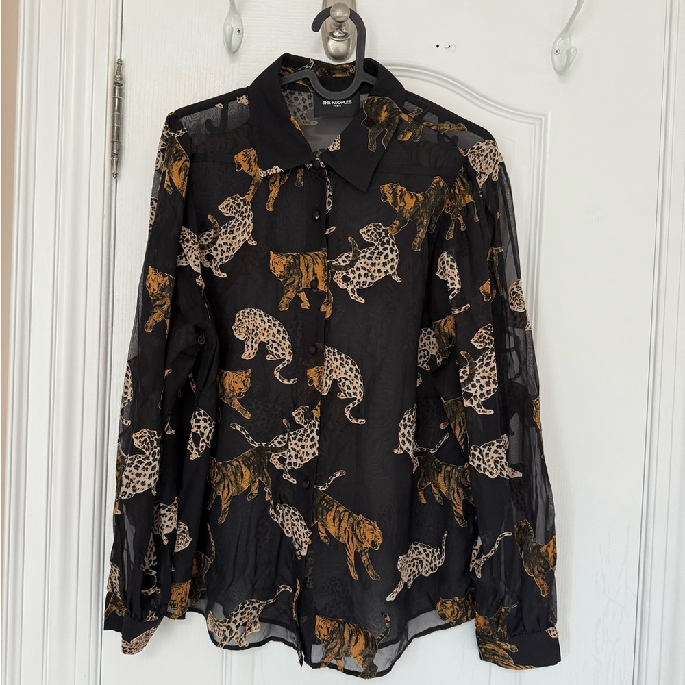 The Kooples Black and Gold Graphic Long Sleeve Blouse